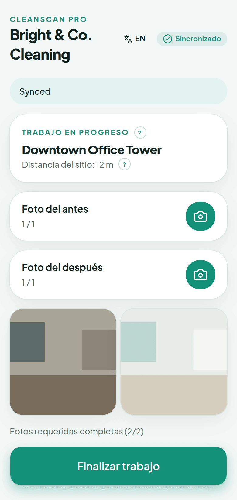 Pantalla de CleanScan Pro en español durante el trabajo de demostración de Bright & Co., con la foto antes y la foto después.