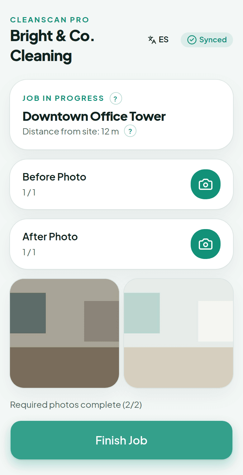 Cleaner phone during the Bright & Co. demonstration job, with the before photo and the after photo.