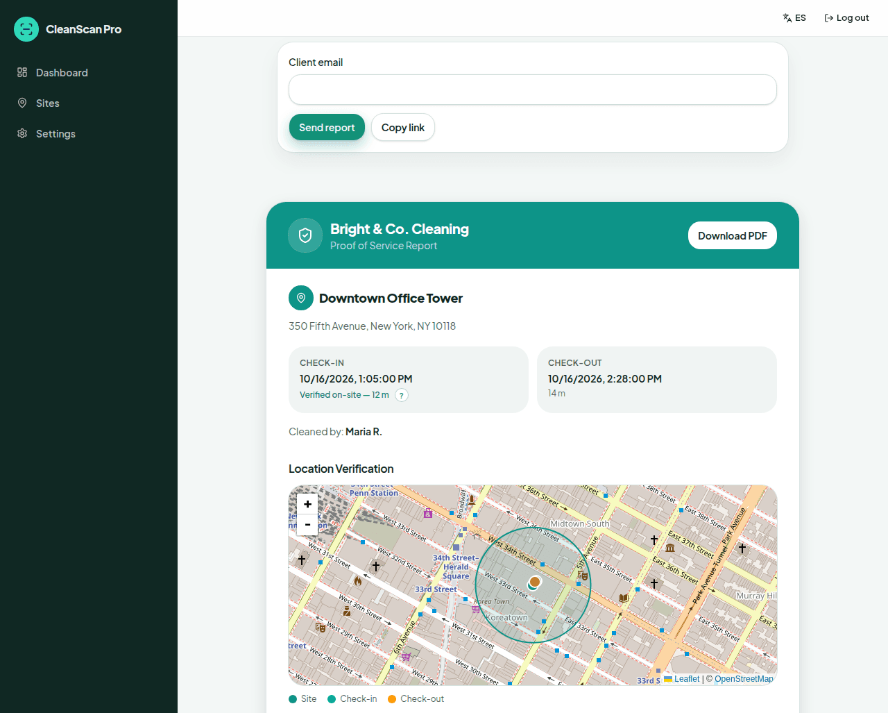 Job detail in CleanScan Pro for the Bright & Co. demonstration job, with a GPS check-in, a map, and before and after photos.