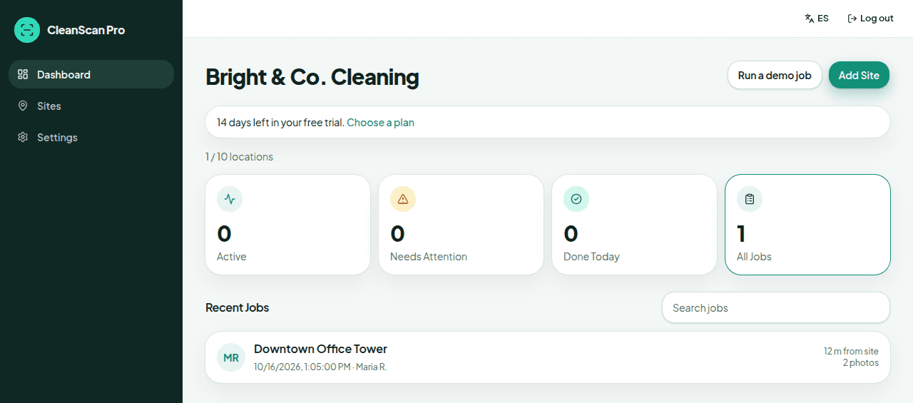 CleanScan Pro owner dashboard showing active jobs and recent completions for the Bright & Co. demonstration company.