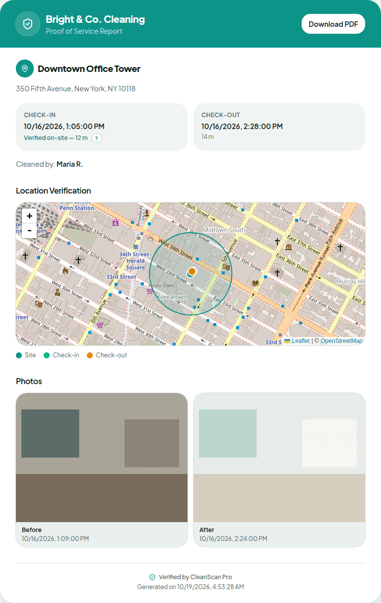 Branded proof-of-service report for the Downtown Office Tower demonstration job, with a GPS map, check-in times, and before and after photos.